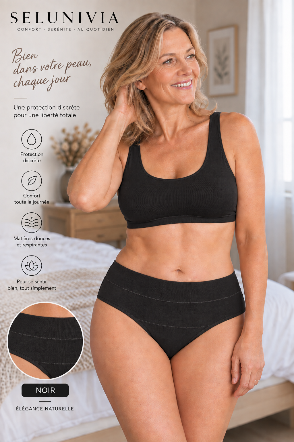 Femme portant la culotte absorbante Selunivia coloris noir