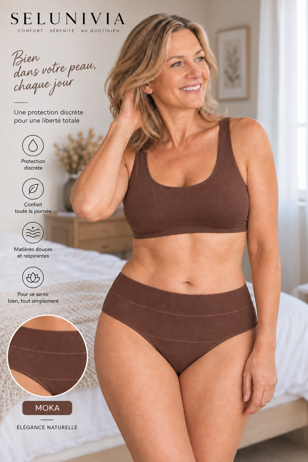Femme portant la culotte absorbante Selunivia coloris moka