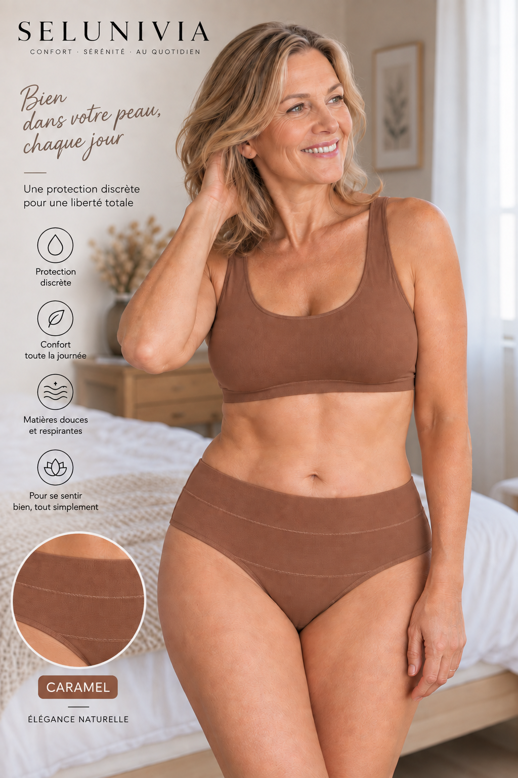 Femme portant la culotte absorbante Selunivia coloris caramel