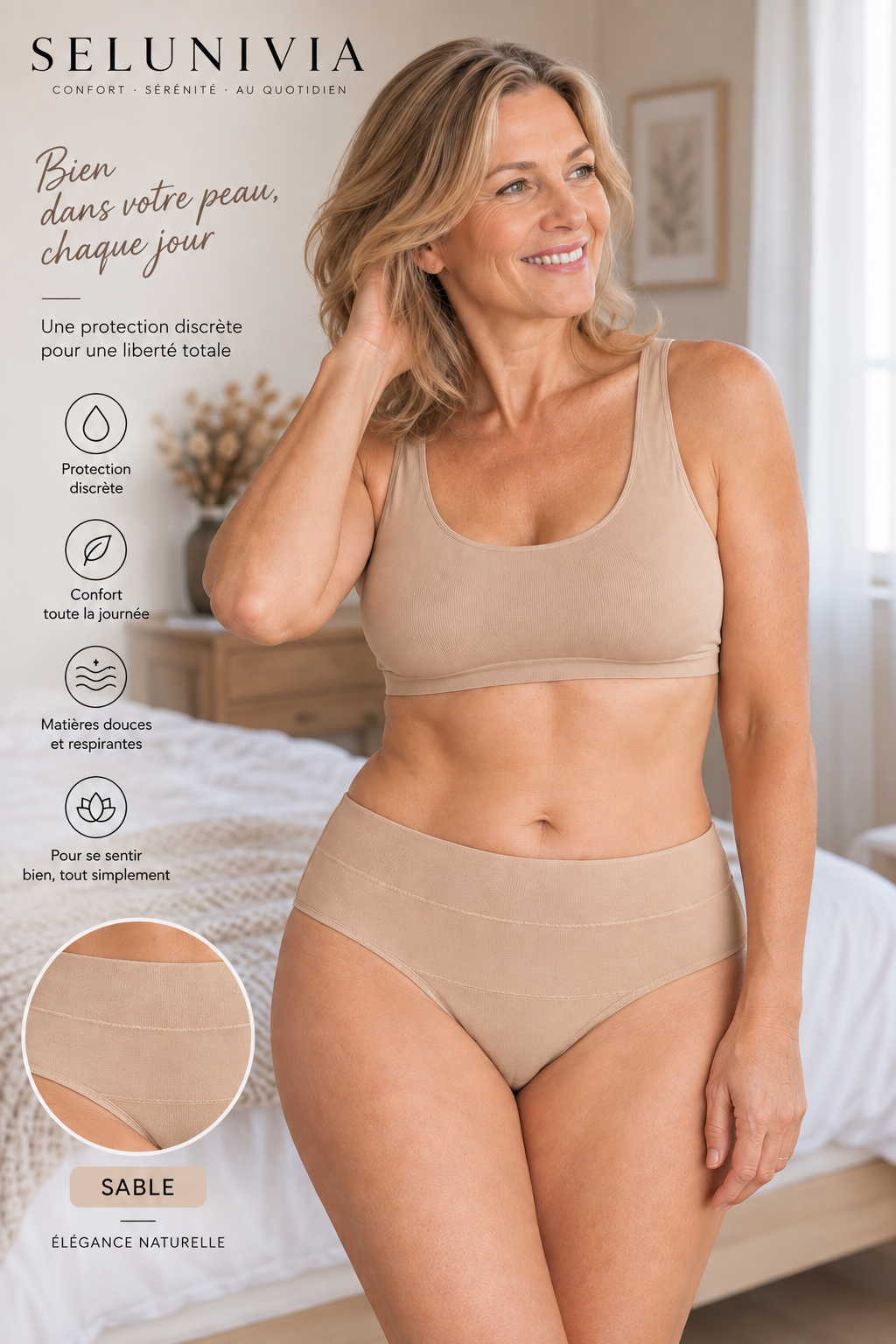 Femme portant la culotte absorbante Selunivia coloris sable