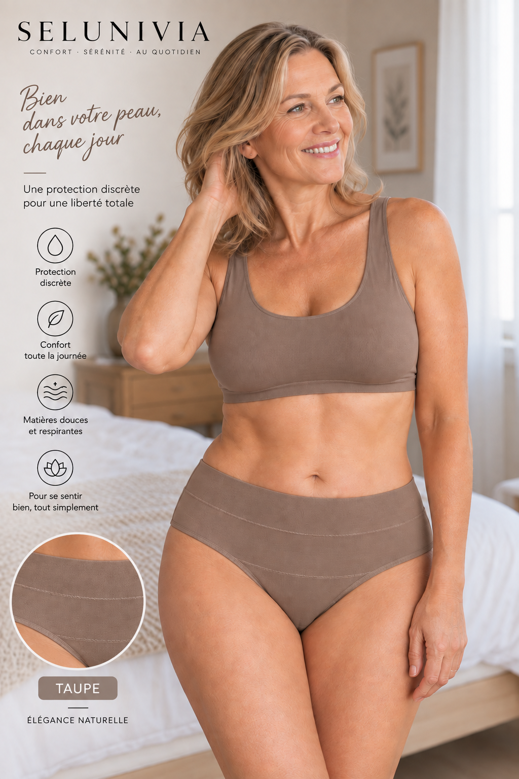 Femme portant la culotte absorbante Selunivia coloris taupe
